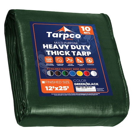 Tarpco Safety Heavy Duty Tarp, 25 ft L x 0.5 mm H x 12 ft W, 10 Mil, Green/Black, Polyethylene TS-153-12X25